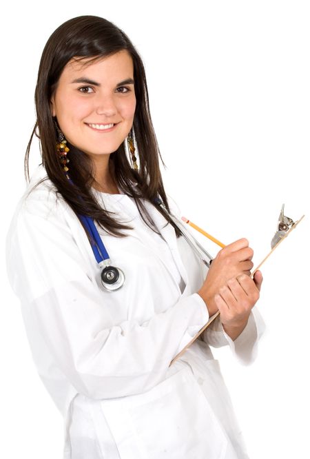 female doctor taking notes and smiling over a white background