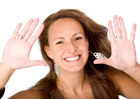 happy girl doing a handframe smiling - over a white background
