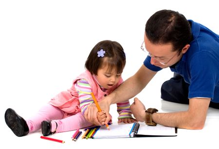 father teaching his daughter to draw on a notebook over a white background