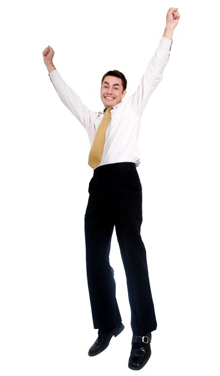 Business man jumping of joy over a white background
