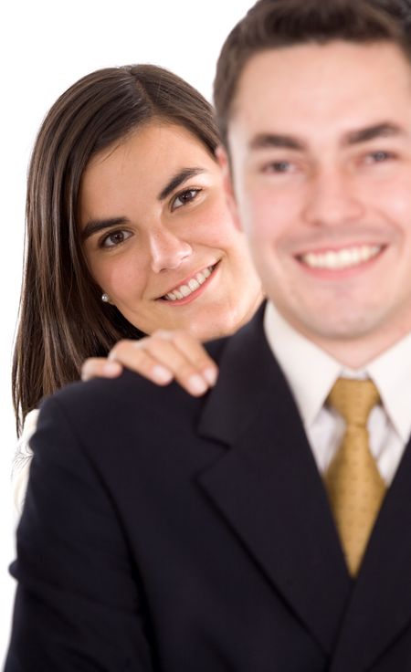 business partners smiling over a white background - focus is on her eyes
