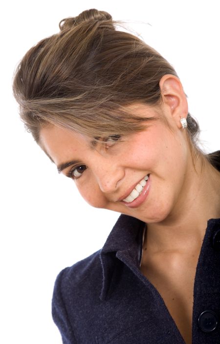 business woman portrait where she is smiling over a white background