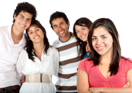 Girl in front of a group of people - isolated over a white background