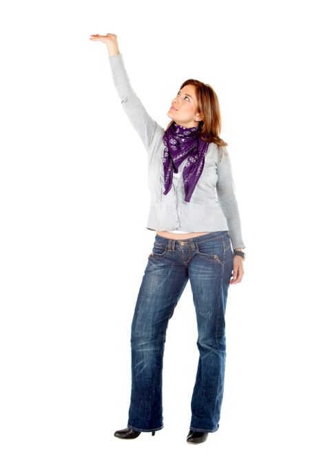 Woman holding an imaginary object isolated over a white background