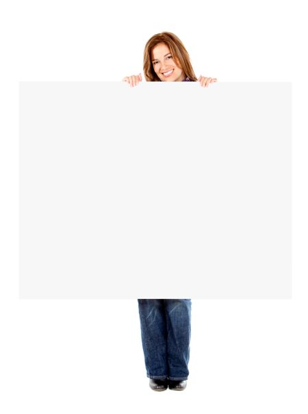 Fullbody woman holding a banner isolated over a white background