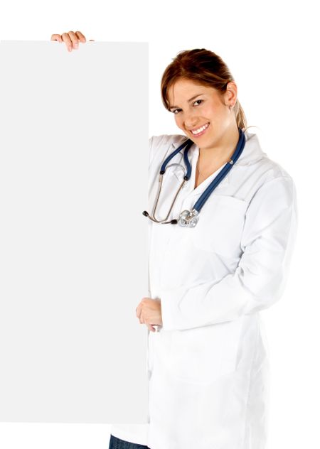 Female doctor holding a banner isolated over a white background