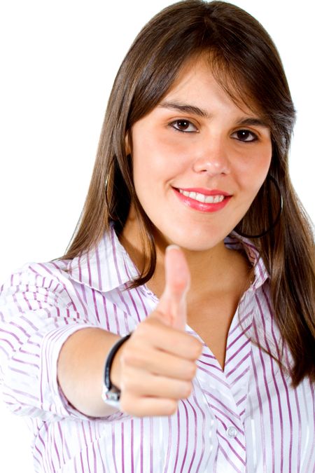 Business woman with thumbs up isolated over a white background