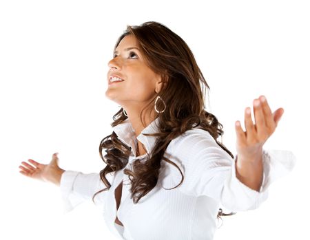 Business woman with arms opened isolated over a white background