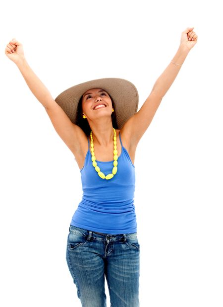 Excited summer woman with arms up - isolated over a white background