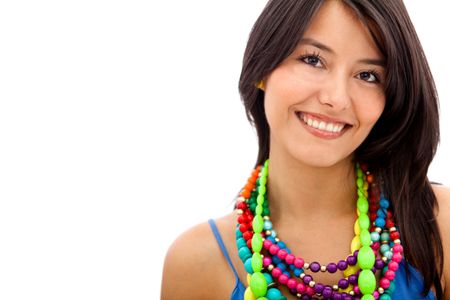 Beautiful woman wearing colorful necklaces isolated over a white background