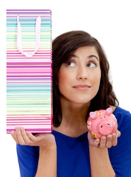 Woman thinking about shopping or saving isolated over a white background