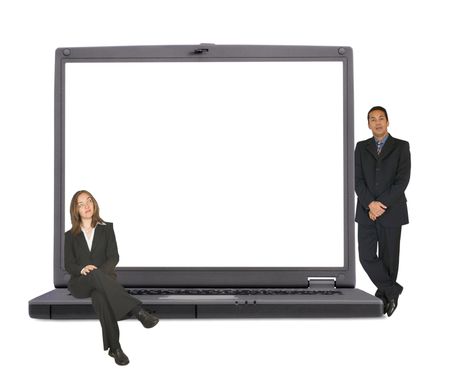 laptop view from the front with space for writing or placing your own image with business people on laptop