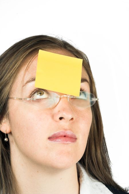 business woman with post-it note on her head
