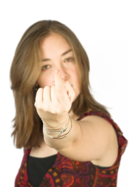 beautiful woman inviting you to "come here" with a finger