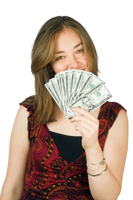 casual happy woman with lots of money on her hands