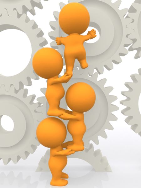 3D people climbing on gears isolated over a white background