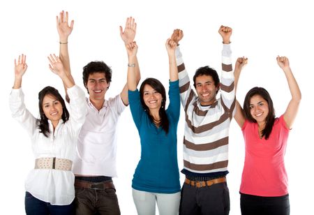 Happy group of people with arms up isolated over a white background