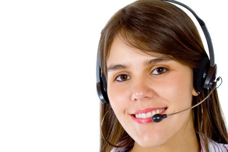 Woman wearing a headset isolated over a white background