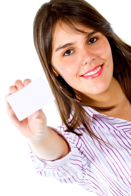 Woman displaying a business card isolated over a white background