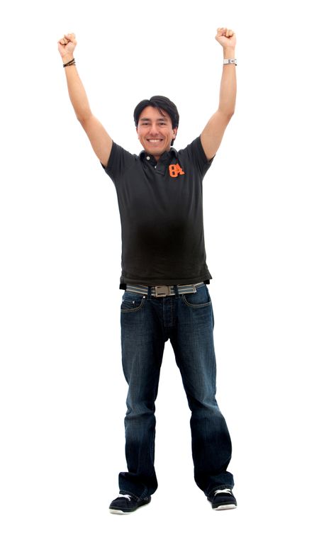 Happy man with arms up isolated over a white background