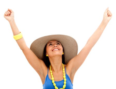 Happy summery woman wearing a hat - isolated over a white background