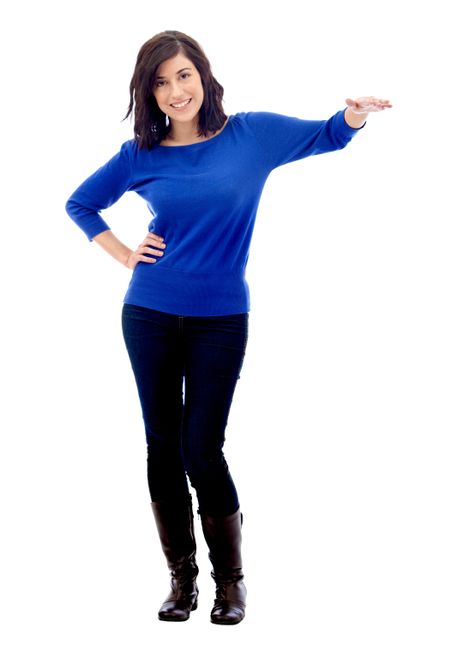 Woman displaying something imaginary - isolated over a white background