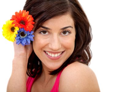 Beautiful woman with flowers on her head isolated over a white background