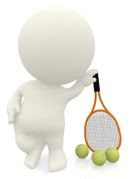 3D tennis player leaning on a racket isolated over a white background