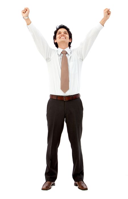 Successful business man with arms up isolated over a white background