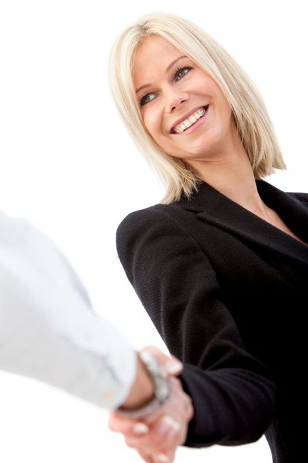 Business woman giving a handshake isolated over a white background