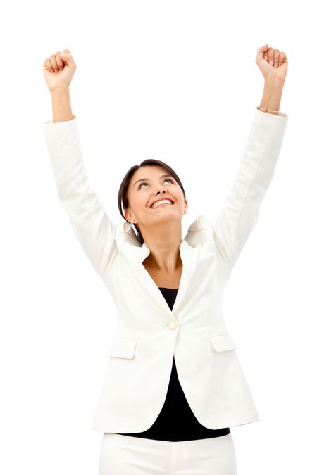 business woman full of success isolated over a white background