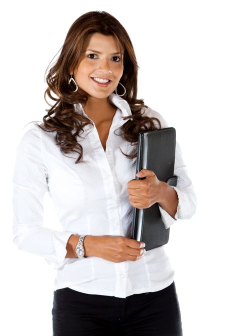 business woman smiling and holding a laptop computer isolated over white