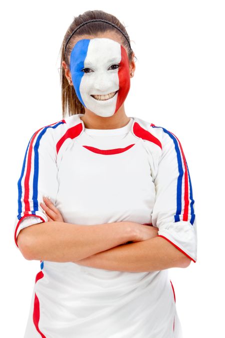 Portrait of a woman with the french flag painted on her face isolated over white
