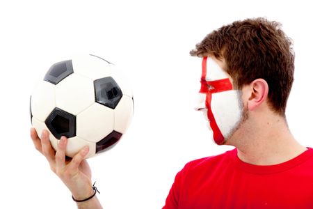 Portrait of a man supporting his team with the english flag painted on his face isolated over white