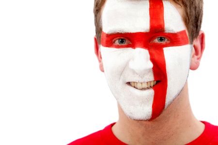 Portrait of a man with the english flag painted on his face