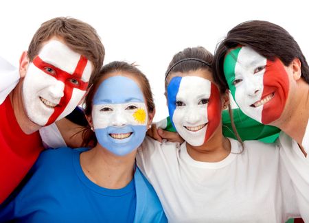 Group of football fans looking happy with their faces painted - Isolated over white