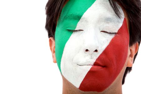 Portrait of a man with the italian flag painted on his face isolated over white