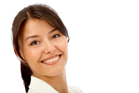 Friendly business woman portrait smiling over a white background
