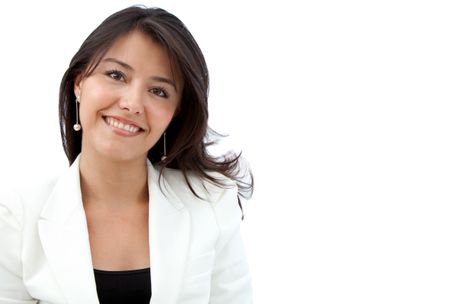Friendly business woman portrait smiling isolated over a white background