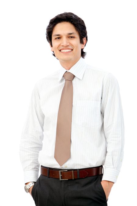 Friendly business man smiling isolated over a white background