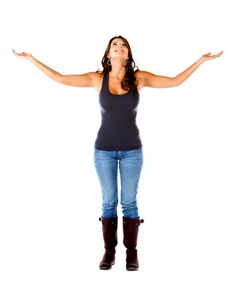 casual woman full of success with her arms up isolated over a white background