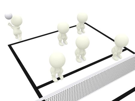 Six 3d people team serving on half volleyball court isolated over a white background