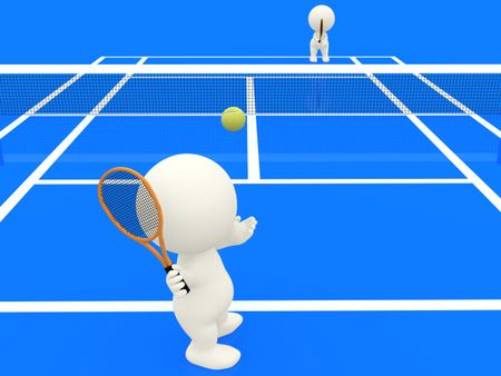3D people playing tennis and serving on a blue court