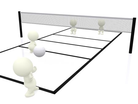3D people serving on volleyball doubles game isolated over a white background