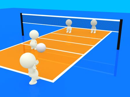 3D people playing volleyball doubles match on an orange court