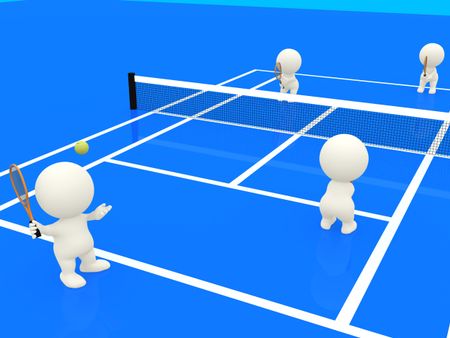 3D people playing doubles and serving on a blue tennis court