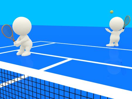 3D people playing doubles and serving on a blue tennis court