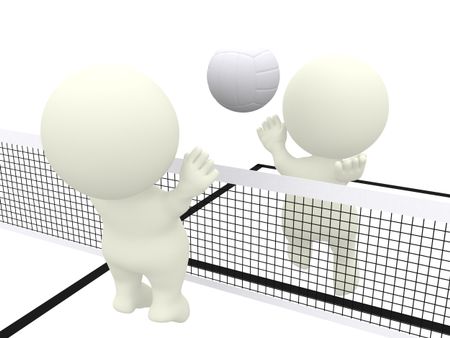 3D people smashing and blocking on a volleyball match isolated over white