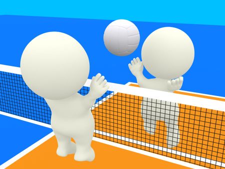 3D people smashing and blocking on a volleyball orange court