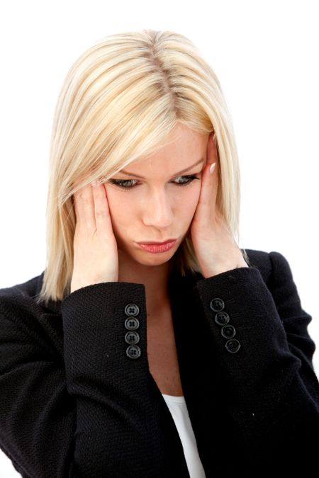 Business woman stressed out - portrait isolated over a white background